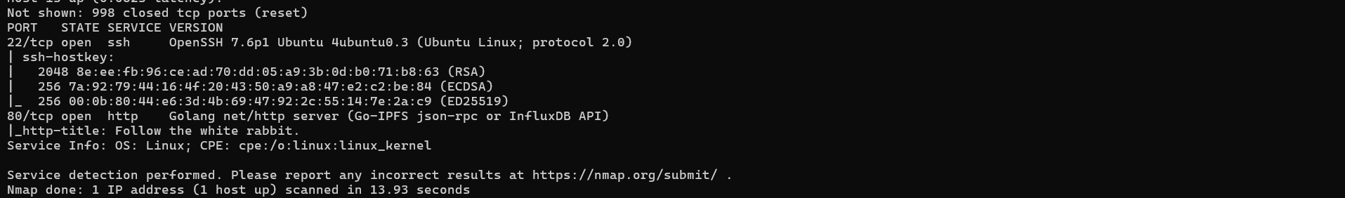 Sanitized nmap output showing SSH and HTTP services for the Wonderland TryHackMe room