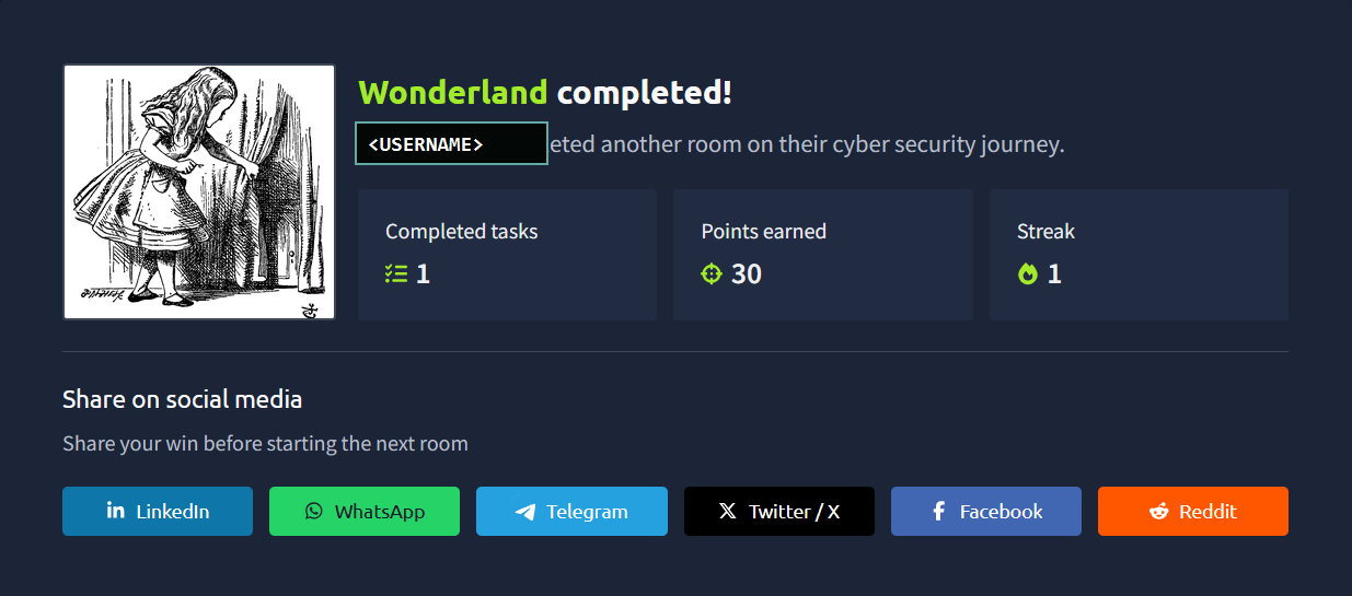 Sanitized TryHackMe completion panel for the Wonderland room